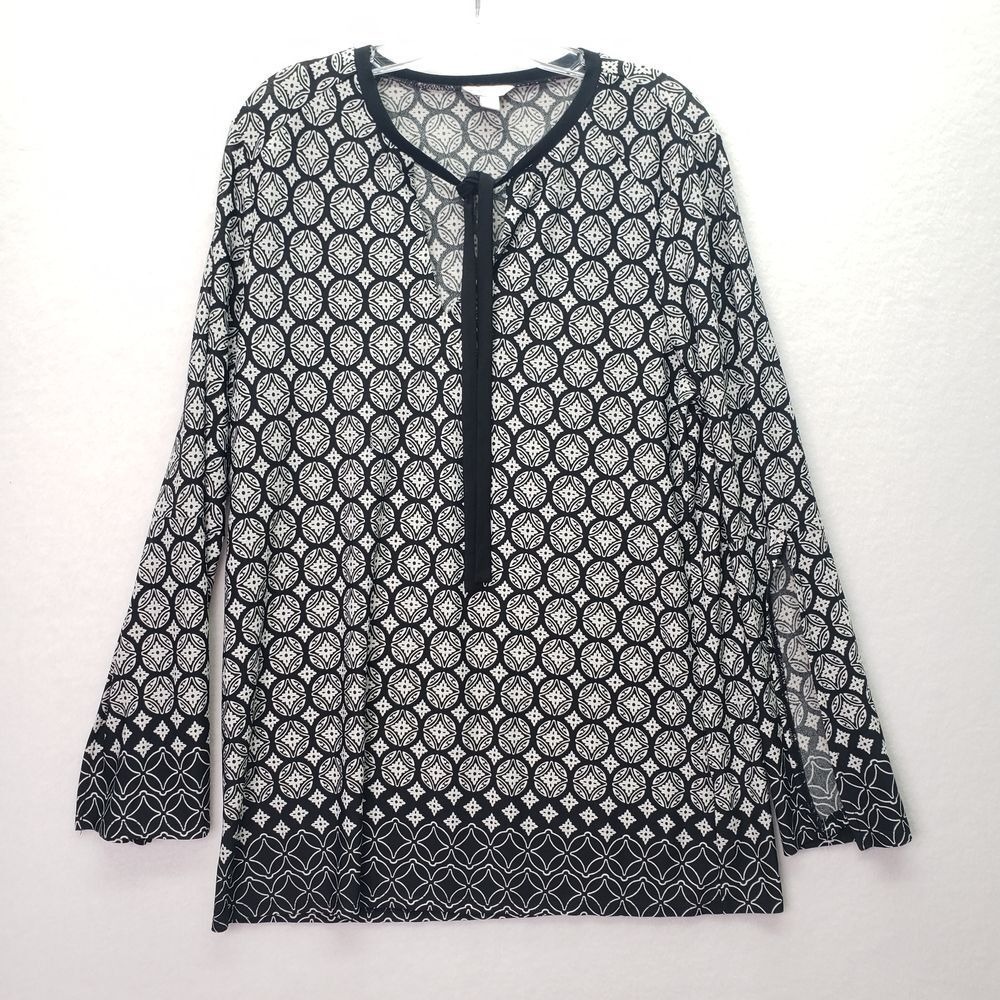 CATO Tunic Women's Large Black White Geometric Print Long Sleeve Tunic Tie Neck